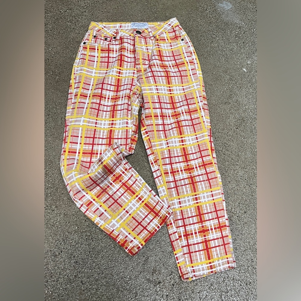 Liquor and poker plaid jeans , high waist